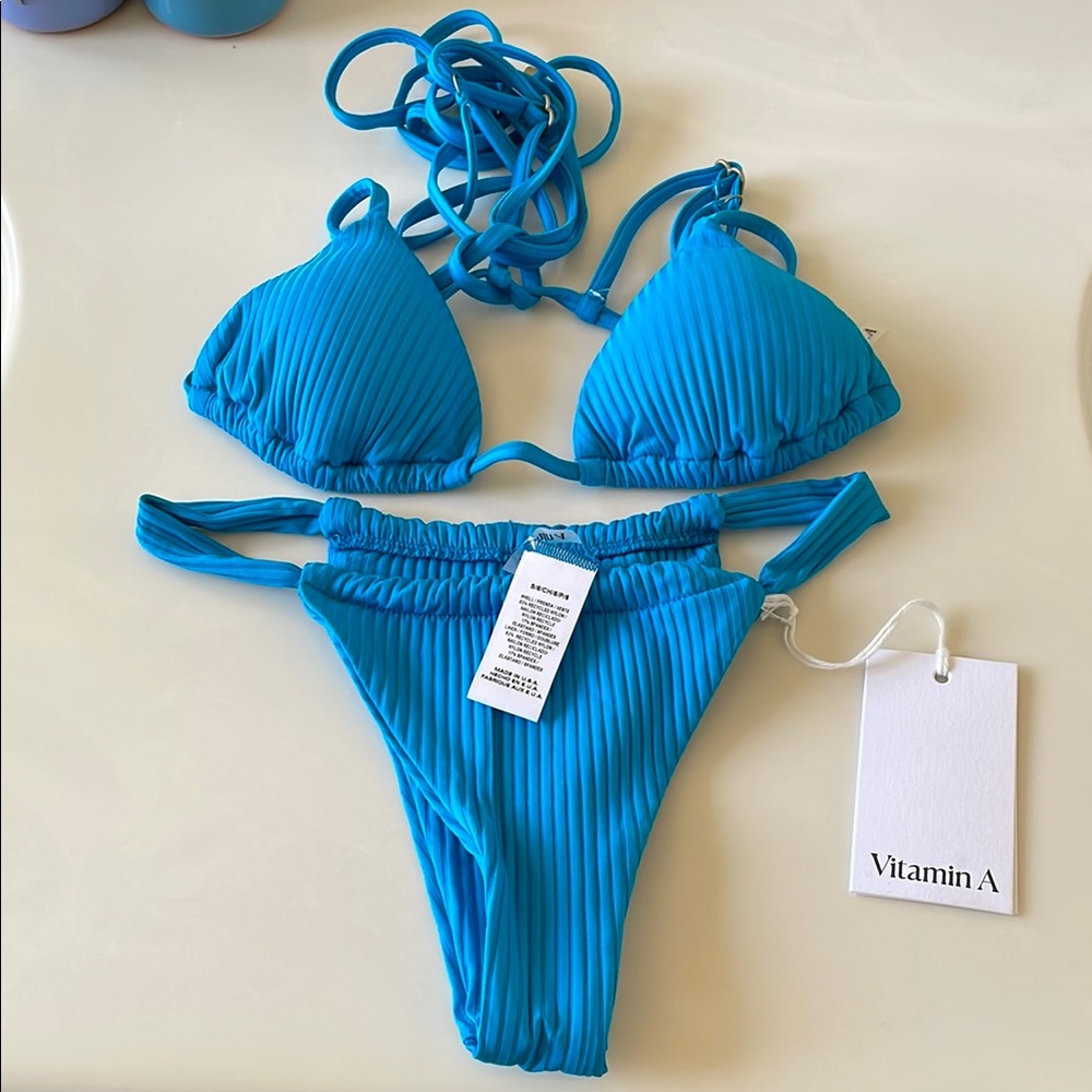 Vitamin A Blue Ribbed Bikini Set Triangle Top High-Cut Thong